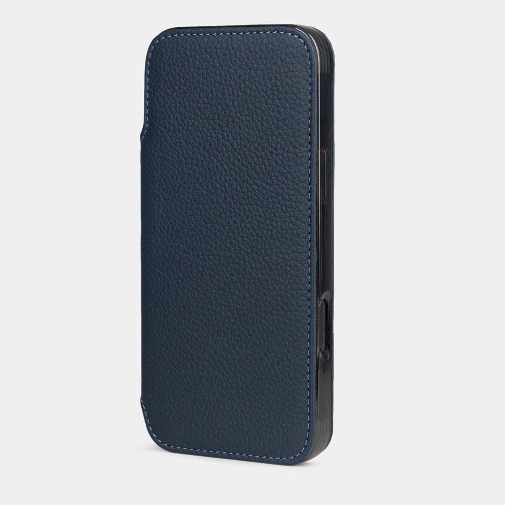 iPhone 17e & 16e calfskin folio wallet case blue – upright closed view highlighting the magnetic front flap fully protecting the screen, elegant silhouette