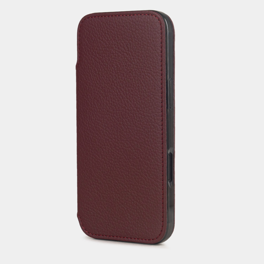 Bordeaux leather wallet case iPhone 17 – upright closed view highlighting the magnetic front cover fully protecting the screen, elegant silhouette