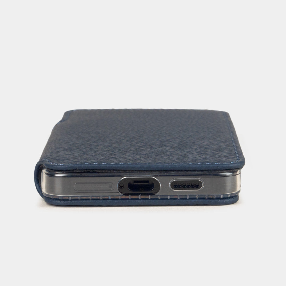 Blue calfskin wallet case for Samsung Galaxy S24 – flat edge view showing the USB-C port opening and how thin is this wallet case