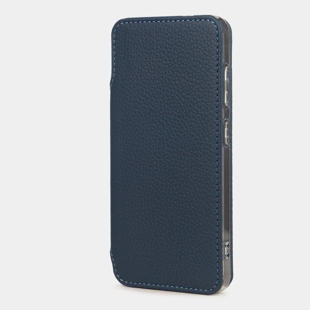 blue calfskin wallet case for Samsung Galaxy S24 – slim leather folio case closed, view from profile