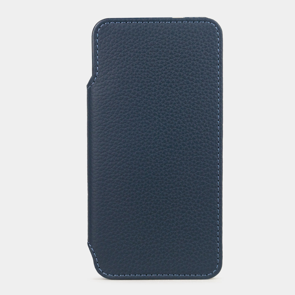 blue calfskin wallet case for Samsung Galaxy S24 – front view of the closed folio panel, showing the smooth leather grain and edge stitching