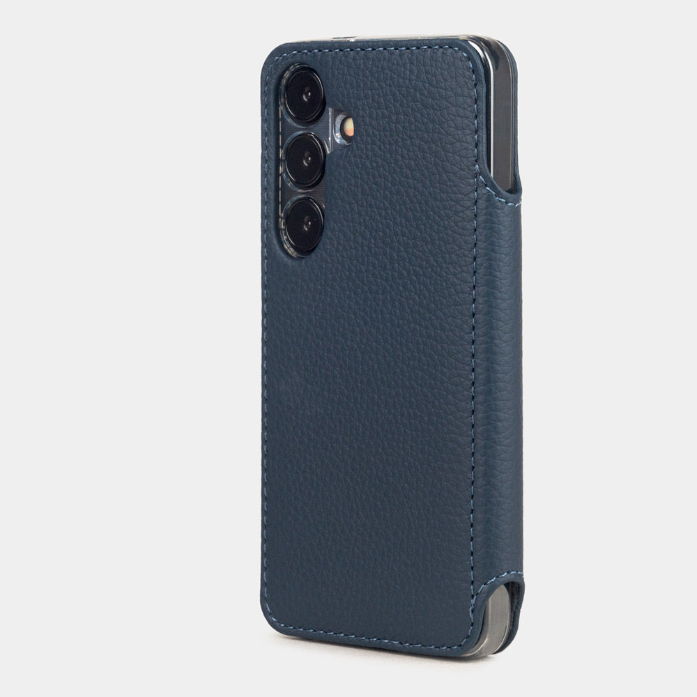 Blue calfskin wallet case for Samsung Galaxy S24 – back view showing the precise camera cutout and how optical lenses are efficiently protected