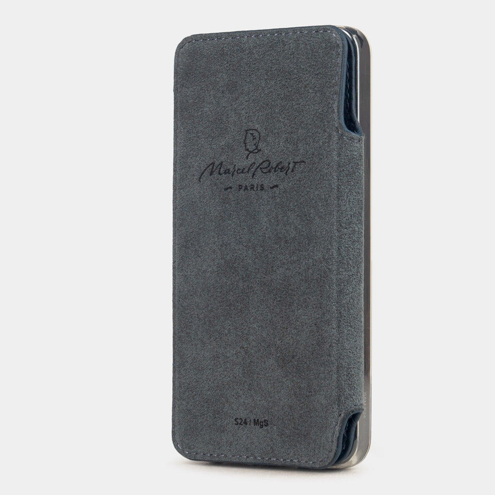 Blue calfskin wallet case for Samsung Galaxy S24 – folio panel folded flat against the back thanks to embedded magnets and showing the Alcantara® lining