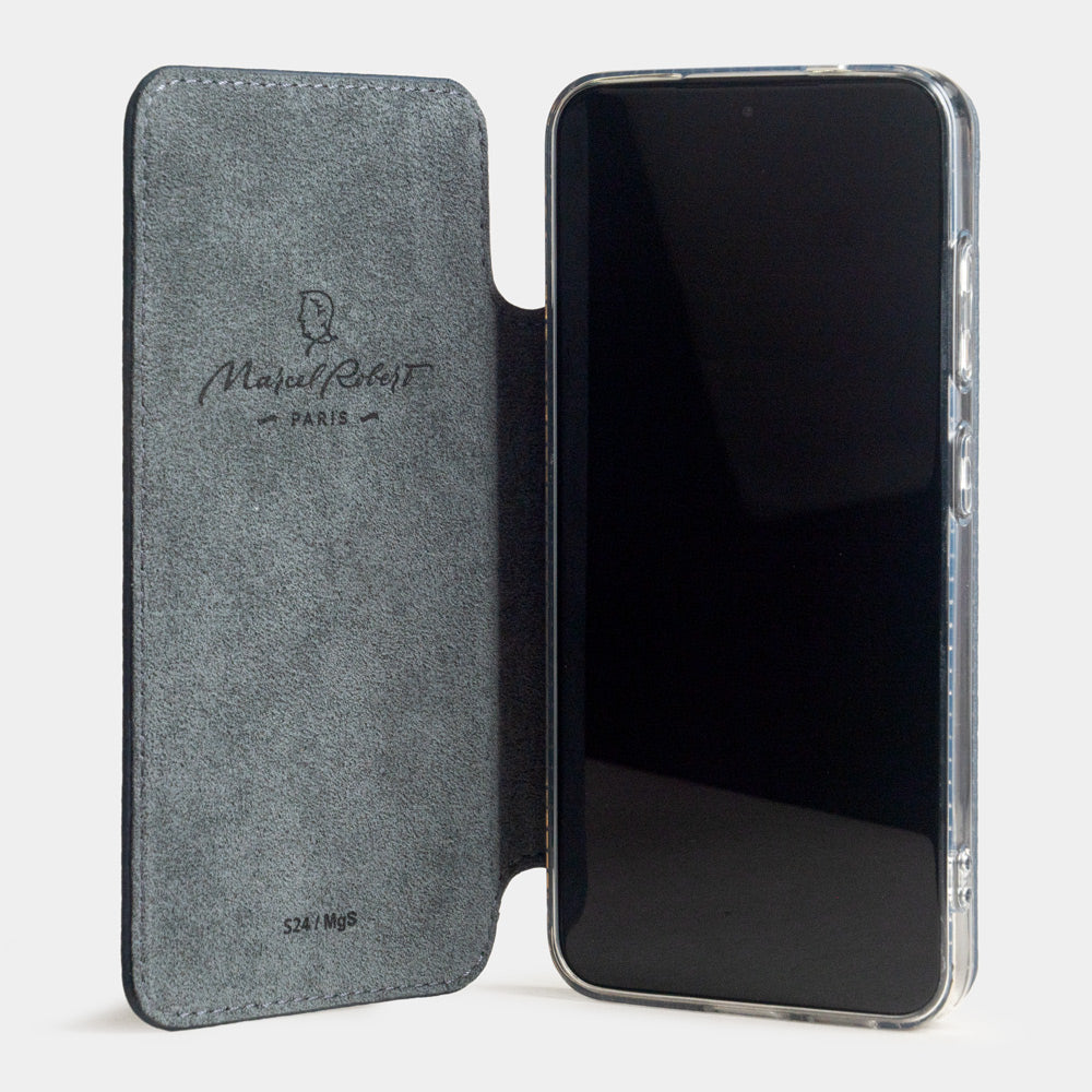 blue calfskin wallet case for Samsung Galaxy S24 – case opened flat, revealing the Alcantara® inner protective lining