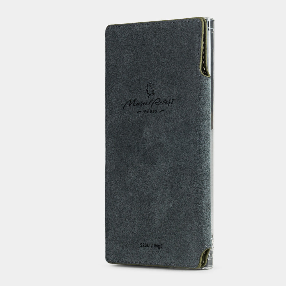 Green calfskin wallet case for Samsung Galaxy S24 Ultra – folio panel folded flat against the back thanks to embedded magnets and showing the Alcantara® lining