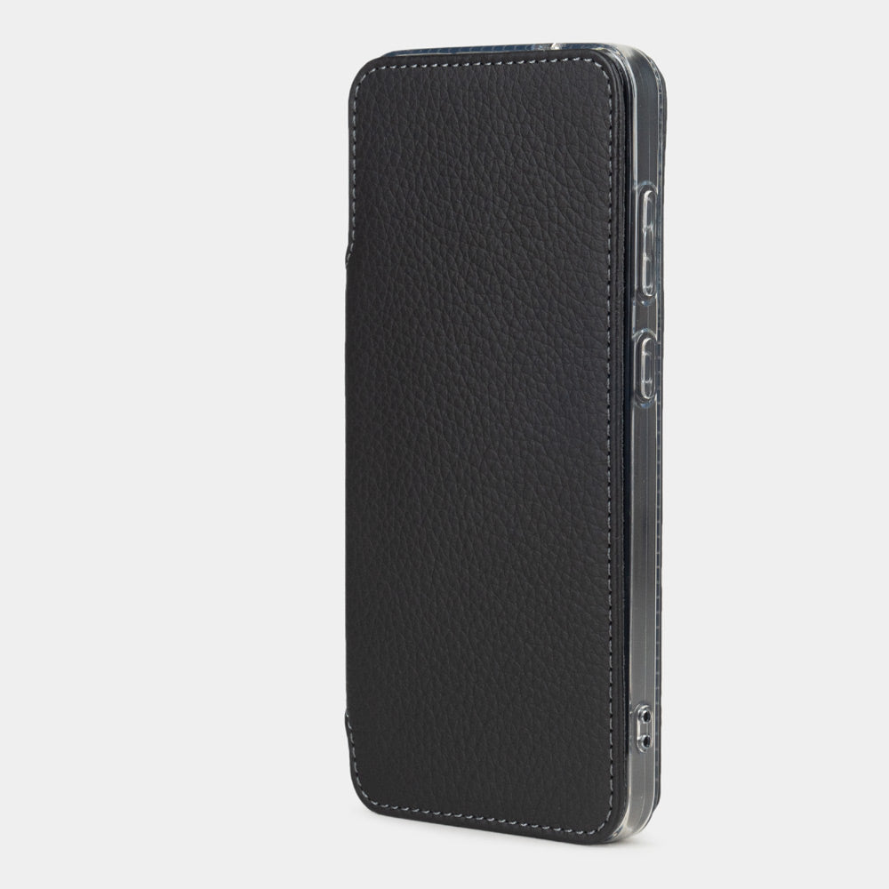 black calfskin wallet case for Samsung Galaxy S24 – slim leather folio case closed, view from profile
