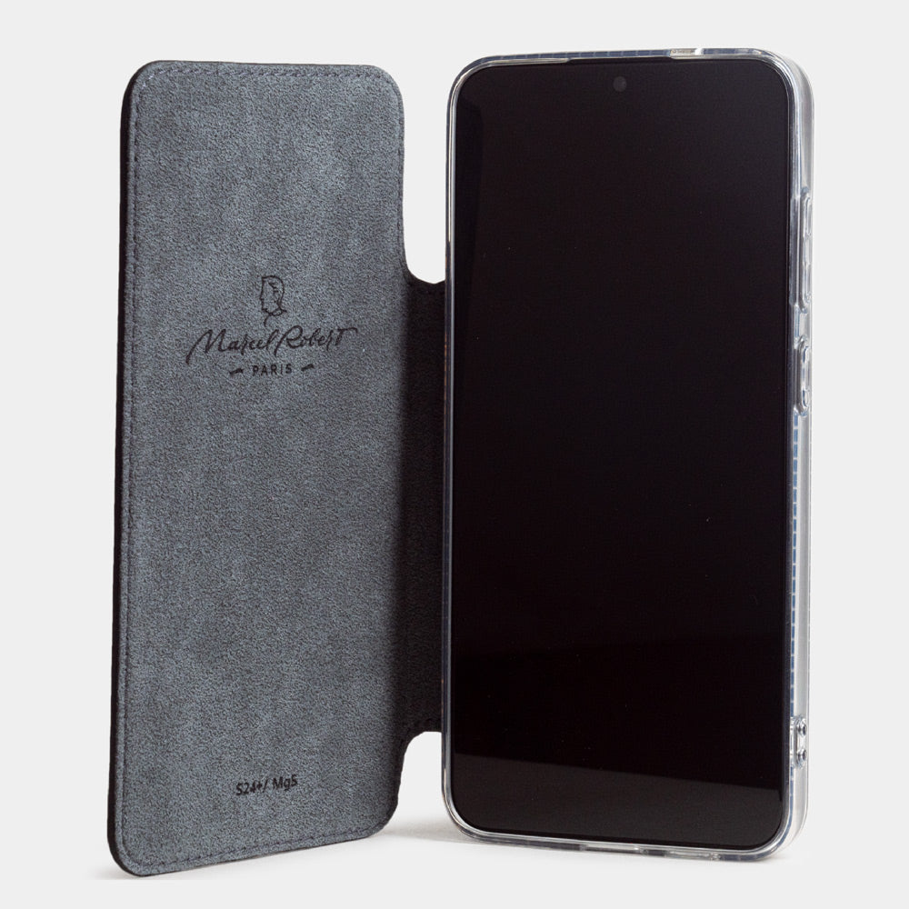 Black calfskin wallet case for Samsung Galaxy S24 – case opened flat, revealing the Alcantara® inner protective lining