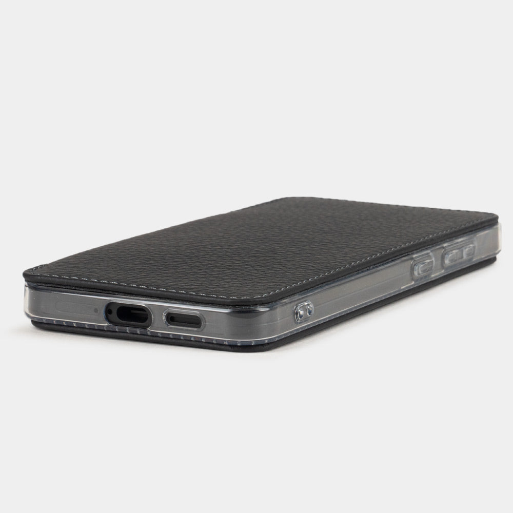 Black calfskin wallet case for Samsung Galaxy S24 – flat edge view showing the USB-C port opening and how thin is this wallet case