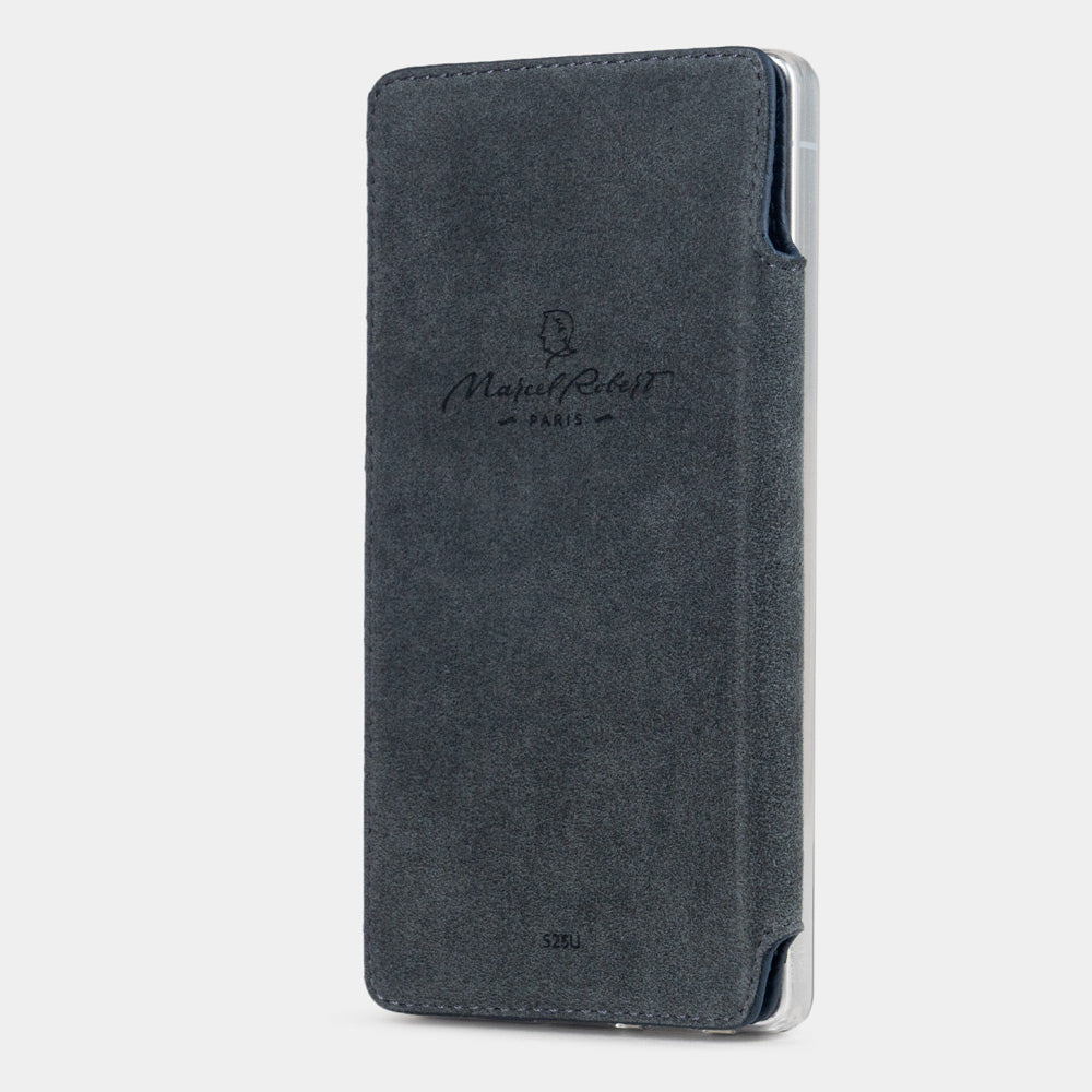 blue calfskin Wallet Case Samsung Galaxy S25 Ultra - case with grey Alcantara lining shown open on smartphone