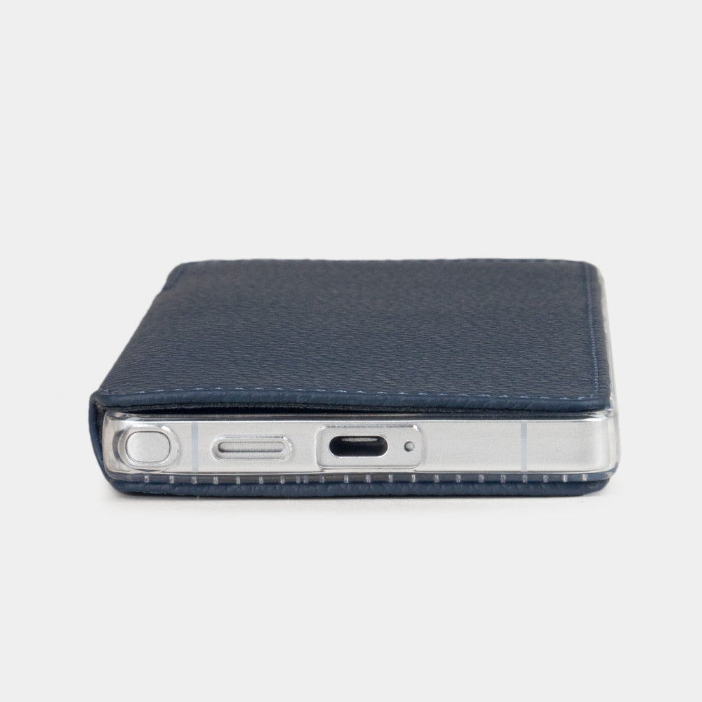  blue calfskin Wallet Case Samsung Galaxy S25 Ultra - flat side view displaying ultra-thin handcrafted design, USB-C port opening and precise edge finishing