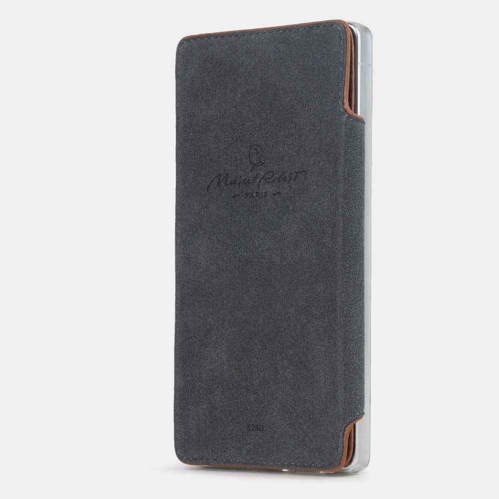 gold calfskin Wallet Case Samsung Galaxy S25 Ultra - interior view showing grey Alcantara lining with magnetic closure, designed to clean and protect the screen