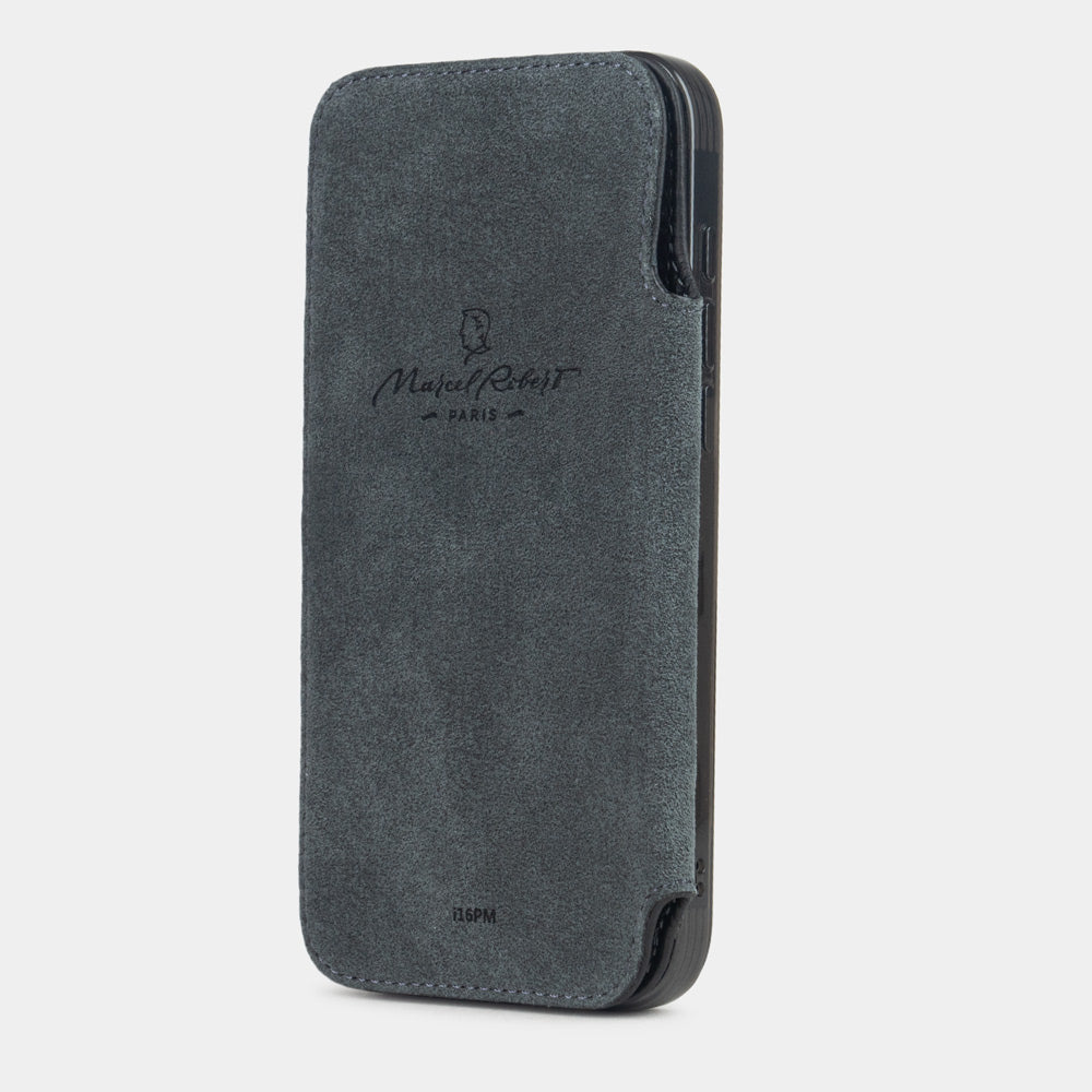 Black calfskin leather wallet case for iPhone 16 Pro