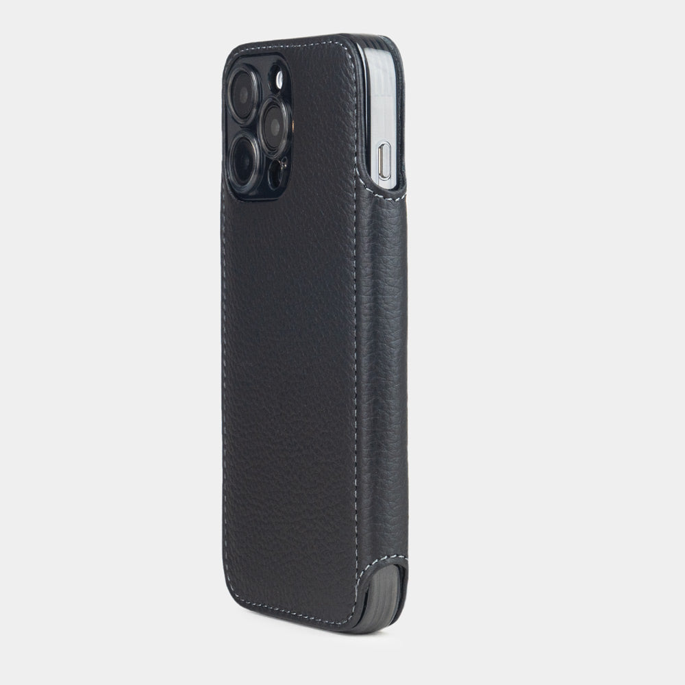 Black calfskin leather wallet case for iPhone 16 Pro