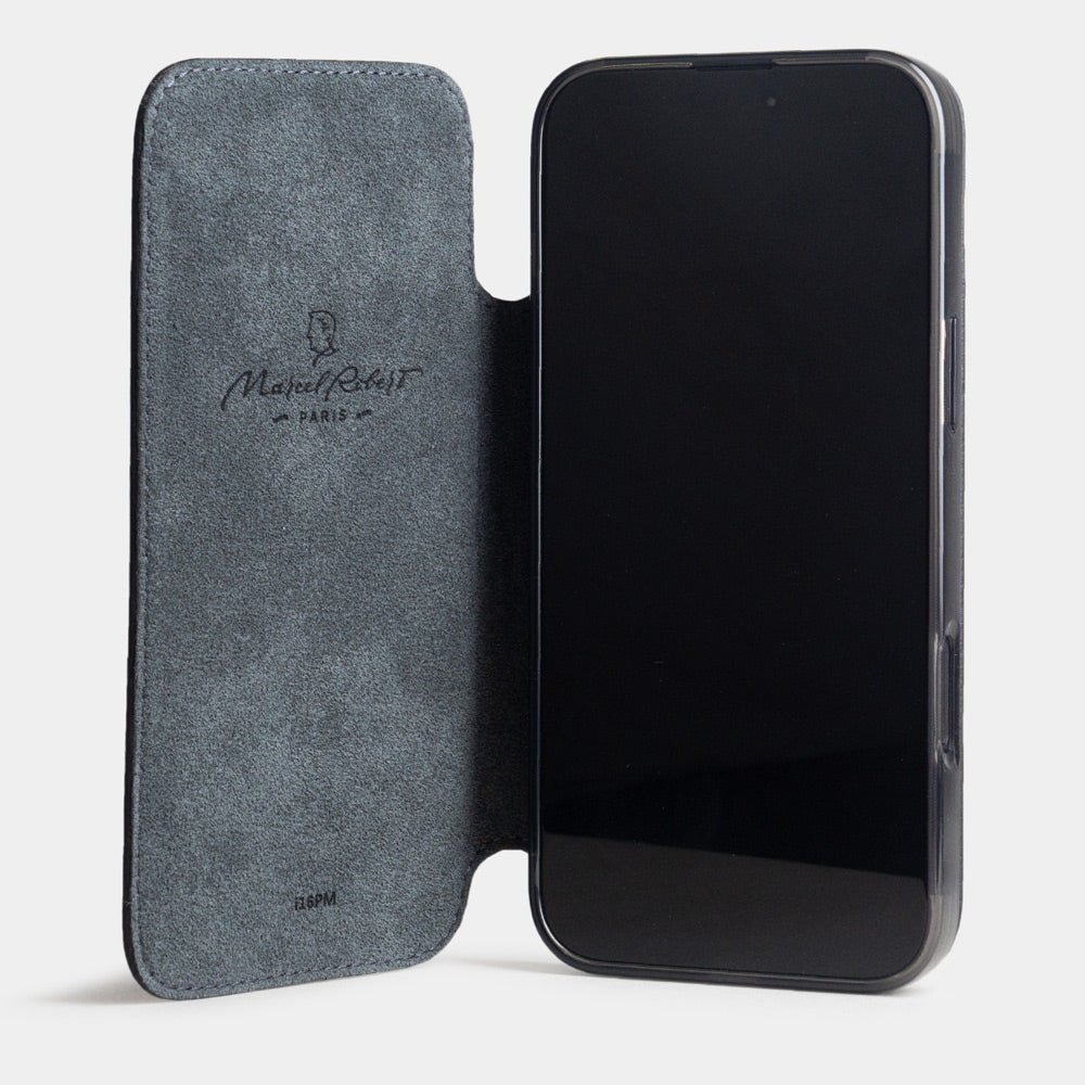 Black calfskin leather wallet case for iPhone 16 Pro Max