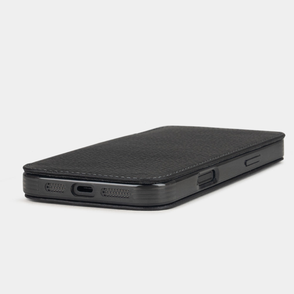 Black calfskin leather wallet case for iPhone 16 Pro Max