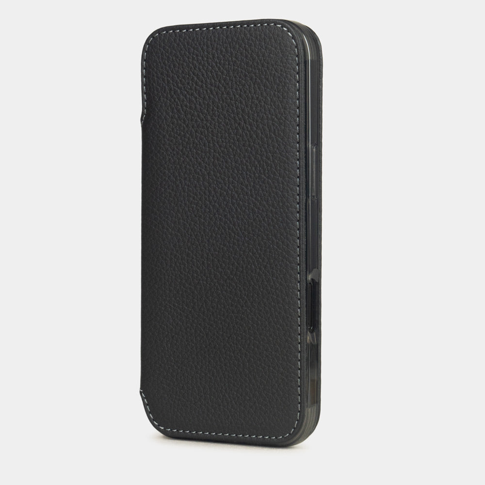 iPhone 17e & 16e calfskin folio wallet case black – upright closed view highlighting the magnetic front flap fully protecting the screen, elegant silhouette
