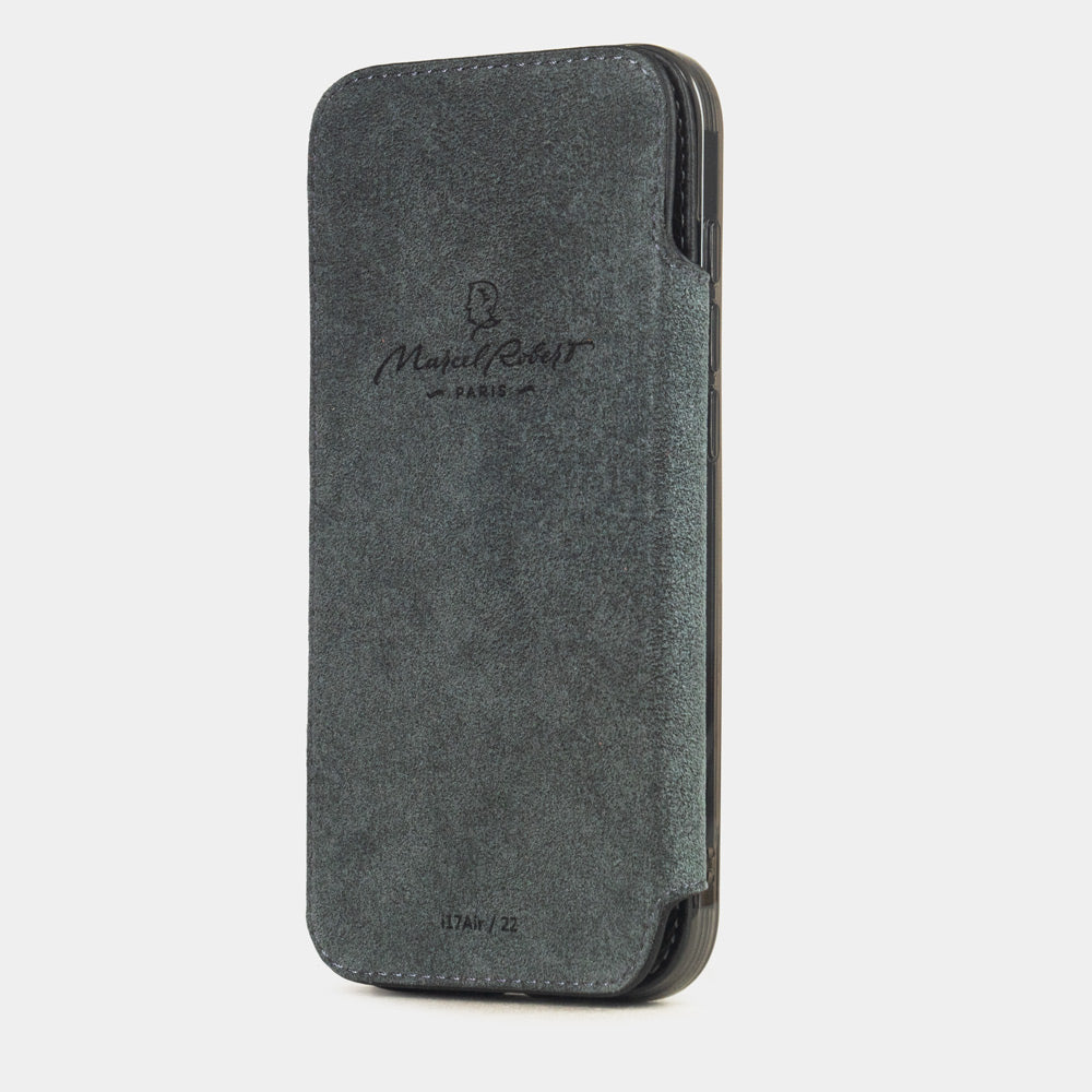iPhone 17e & 16e calfskin folio wallet case black – interior view showing the grey Alcantara lining with magnetic closure, designed to protect the screen