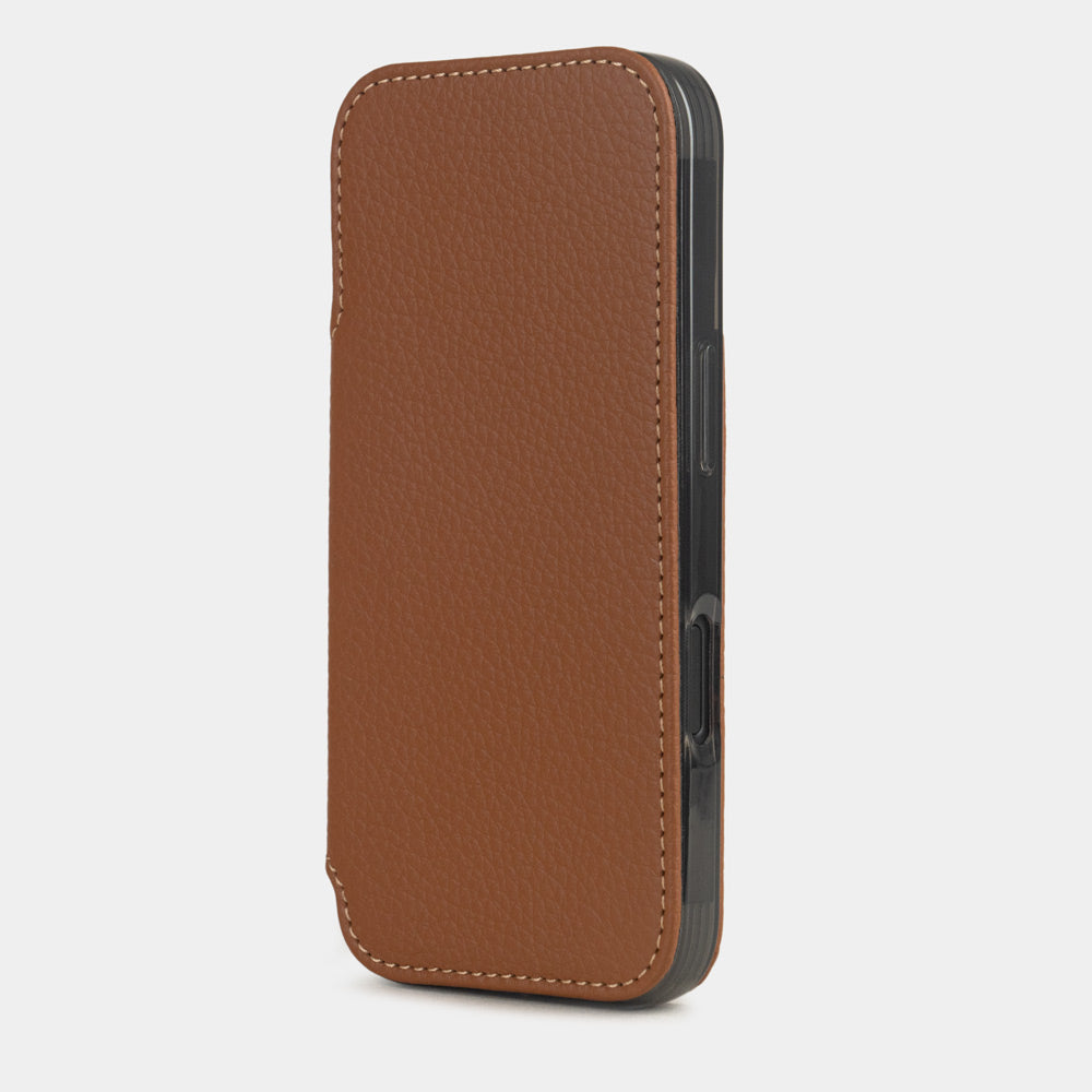 gold leather wallet case iPhone 17 – upright closed view highlighting the magnetic front cover fully protecting the screen, elegant silhouette