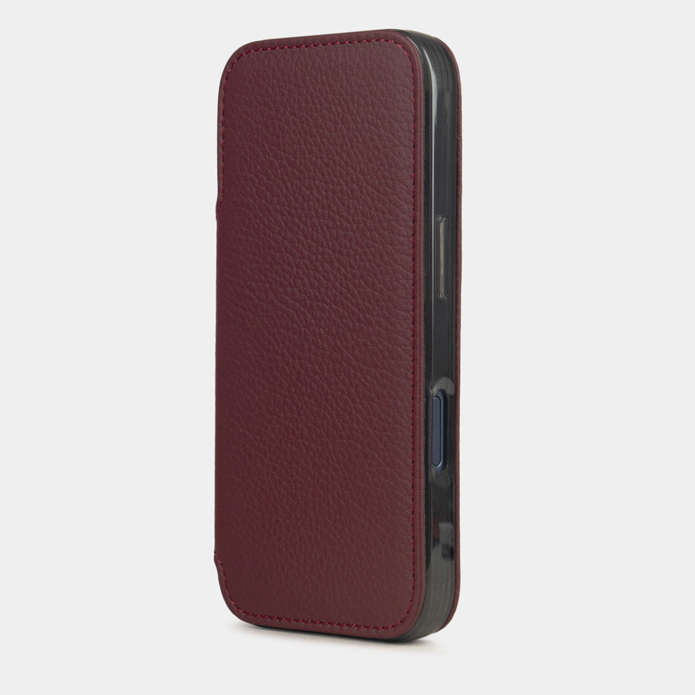 Bordeaux Calfskin Wallet Case iPhone 17 Pro Max – luxury handmade phone case in genuine leather with magnetic front cover closed, main photo
