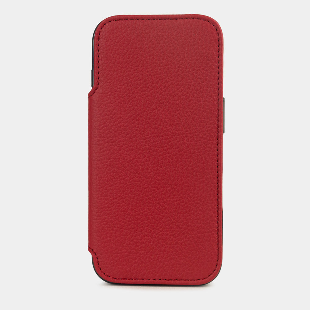 Red leather wallet case iPhone 17 – luxury handmade phone case in genuine leather with magnetic front cover closed 