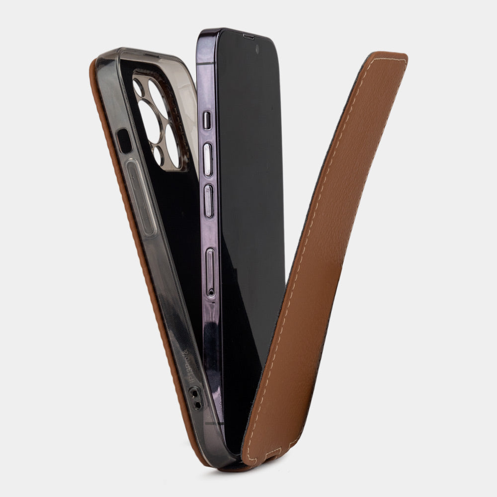 iPhone 14 Pro flip case made with gold premium leather – view showing how the iPhone sits in the slim silicone shell and the soft flap that protects the screen