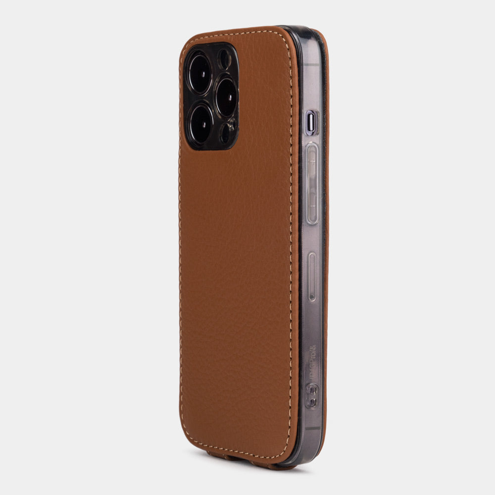 iPhone 14 Pro flip case made with gold premium leather – view from the camera side showing how the leather efficiently protects the camera block