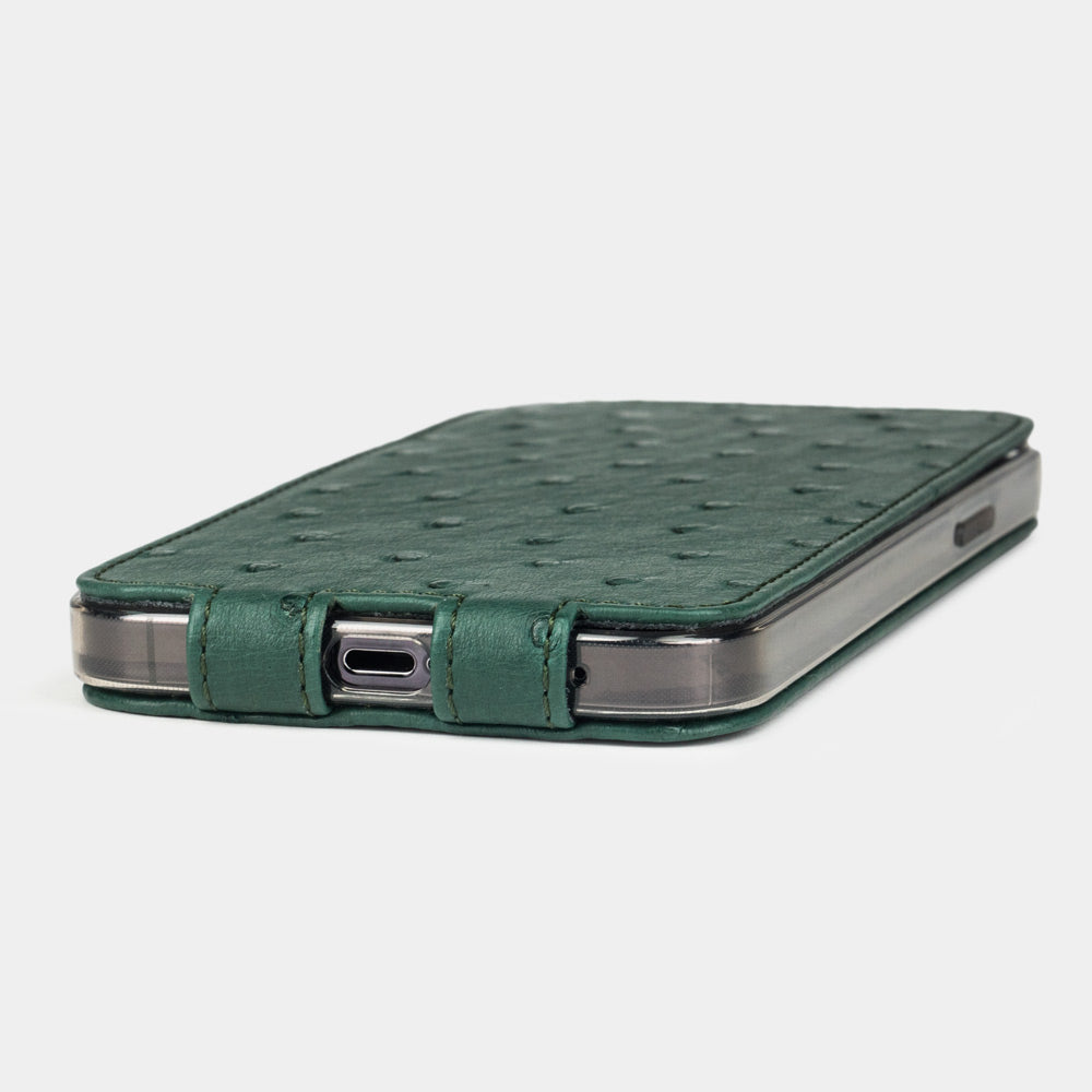 Green ostrich leather flip case for iPhone 14 Pro Max, MagSafe — Marcel Robert