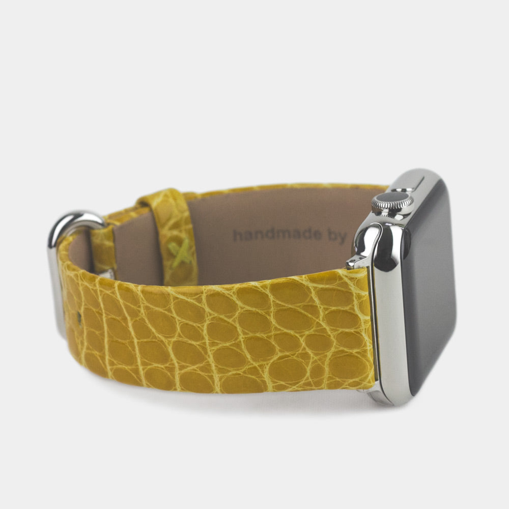 yellow alligator Strap Apple Watch steel adapters and buckle side view